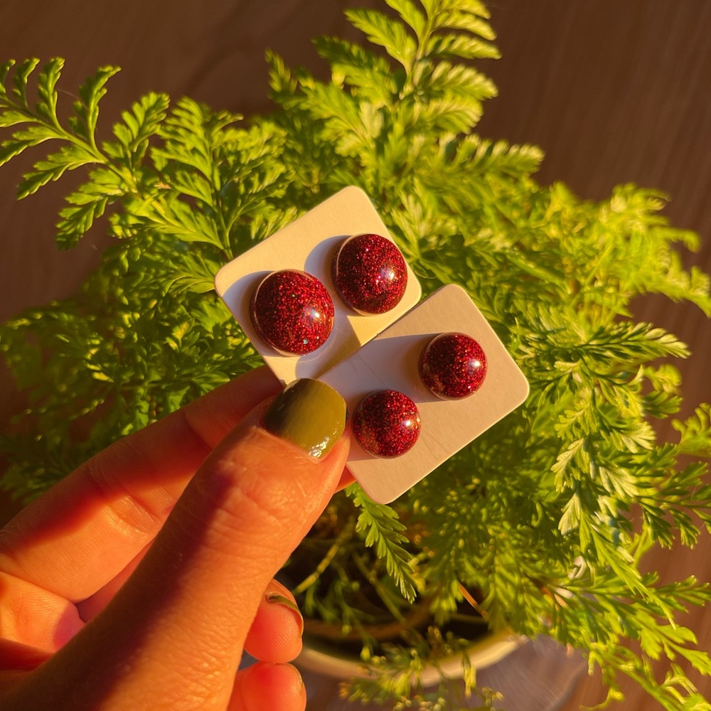 Handmade Red Glitter Resin Studs